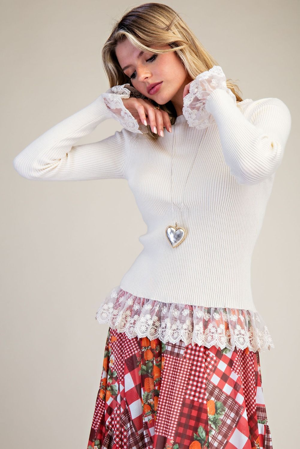 Easel Ivory Lace Arms & Bottom Sweater