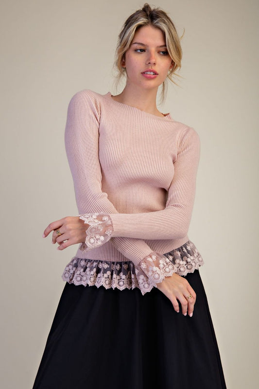 Easel Mauve Lace Arms & Bottom Sweater