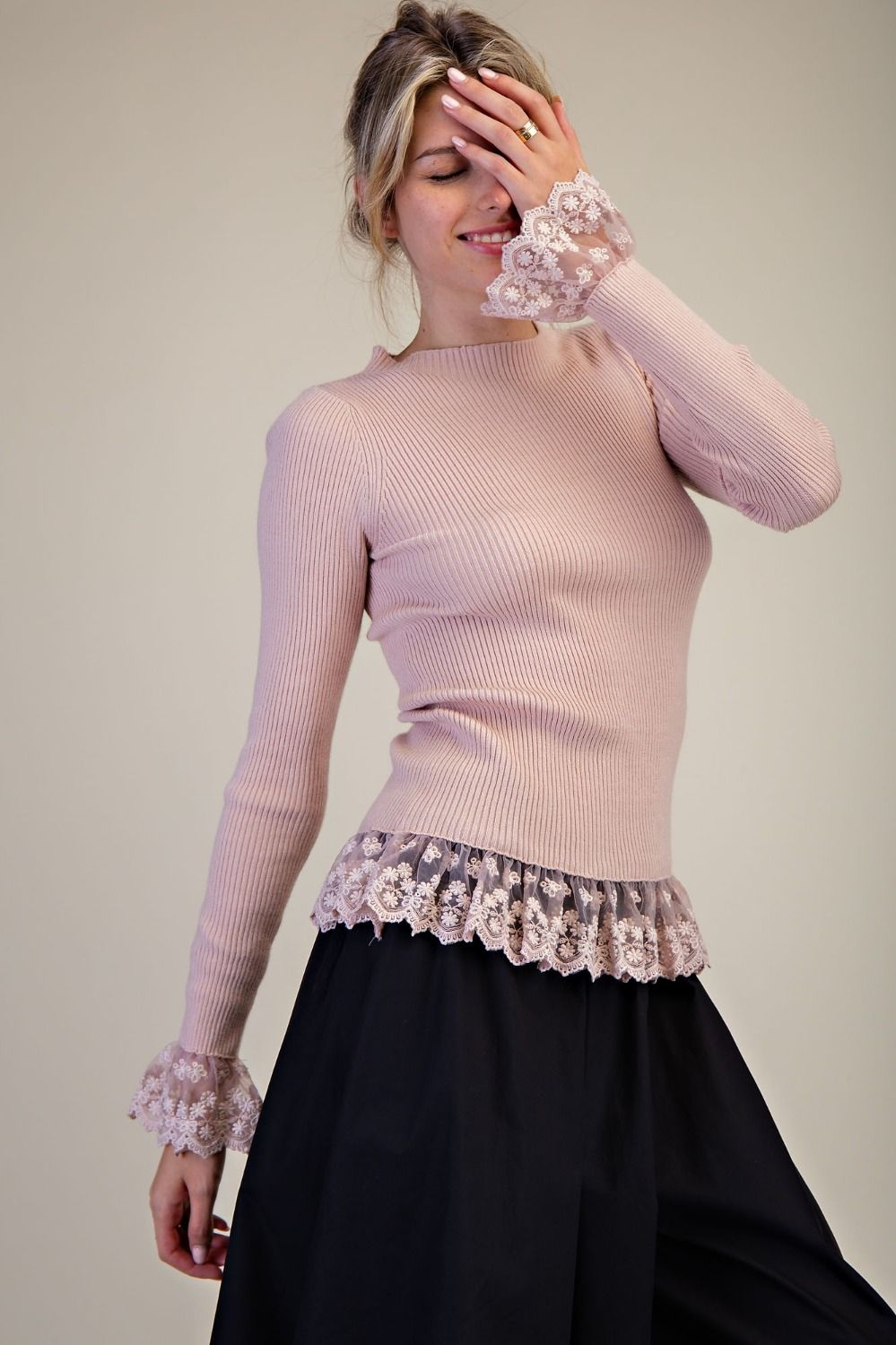 Easel Mauve Lace Arms & Bottom Sweater