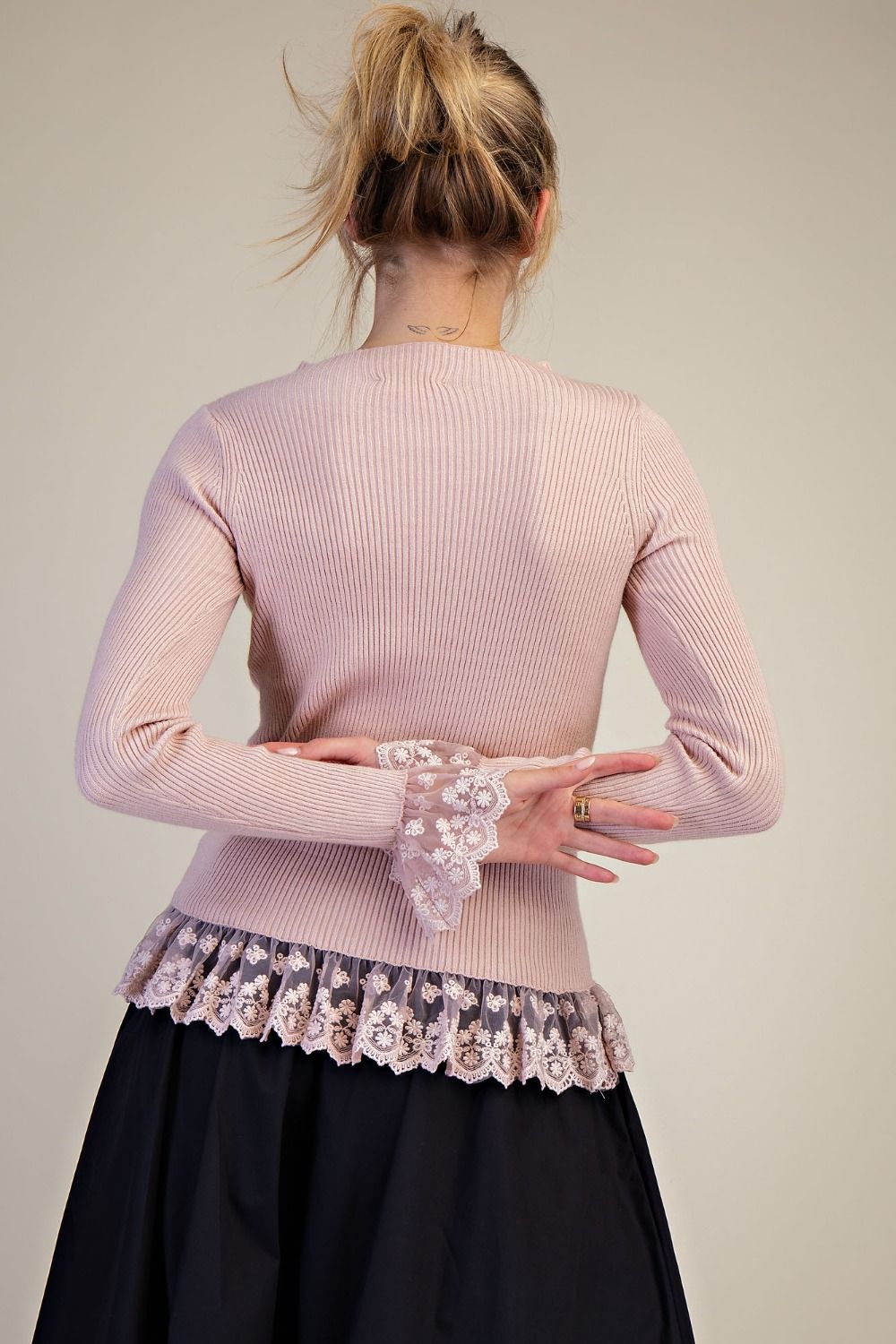 Easel Mauve Lace Arms & Bottom Sweater