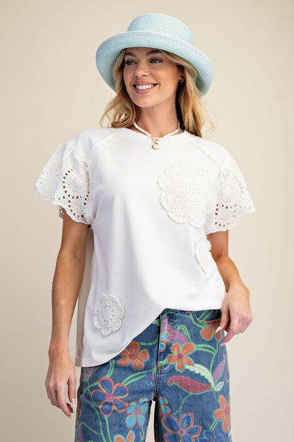 Easel White Crochet Patch Top