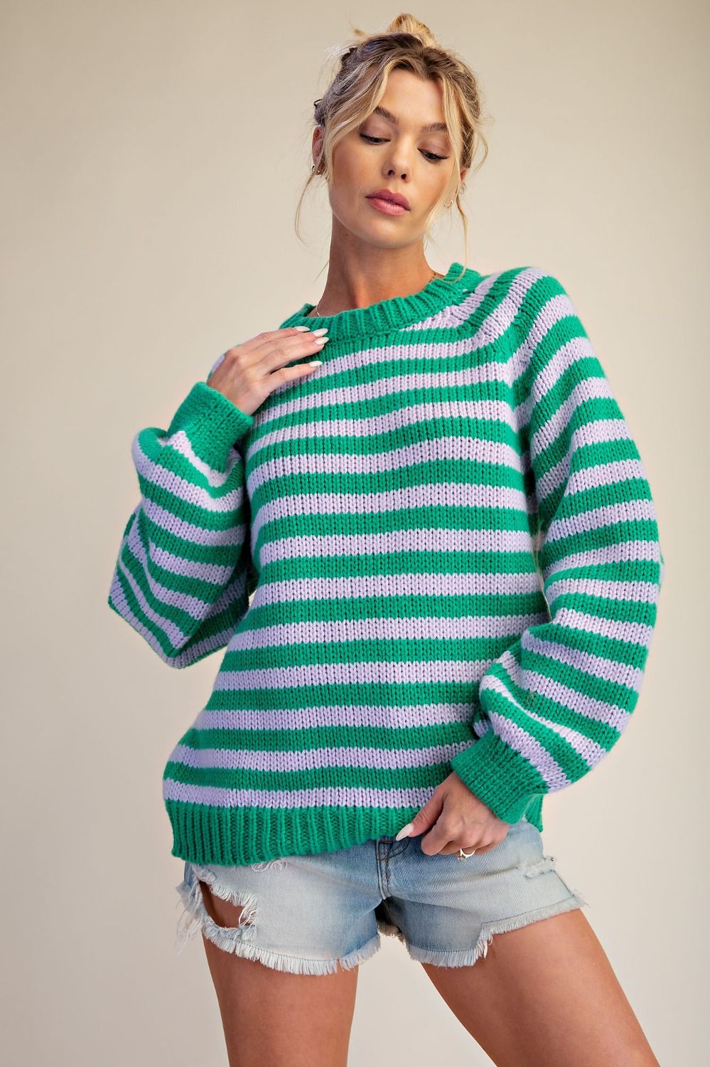 Easel Lilac Green Stripe Knit Sweater