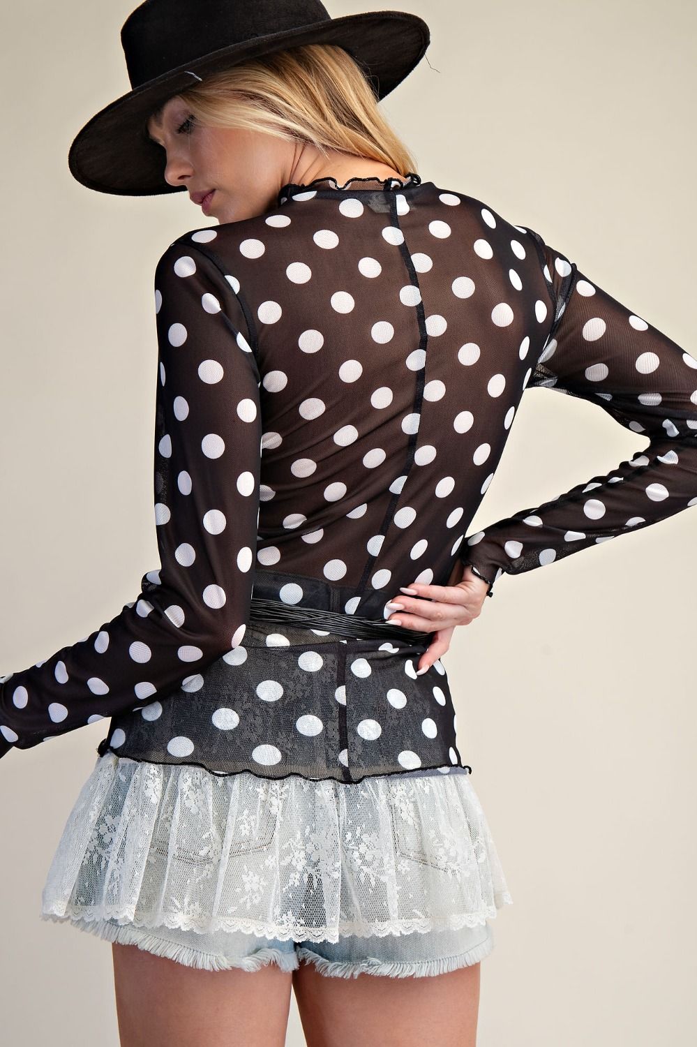 Easel Black Polka Dot Mesh Top