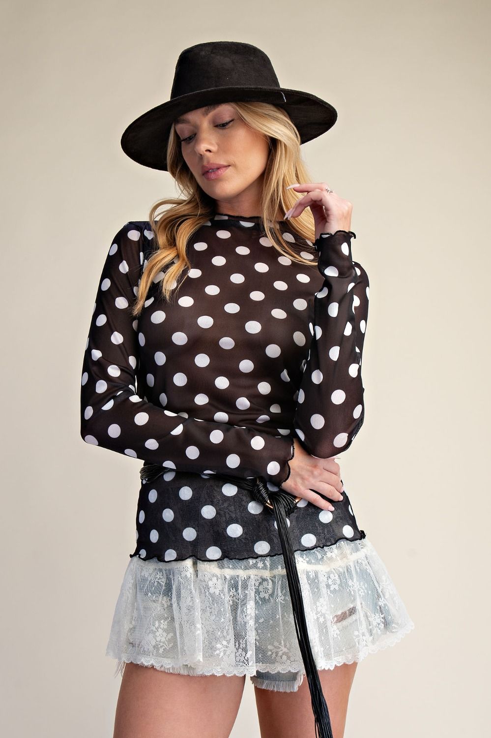 Easel Black Polka Dot Mesh Top