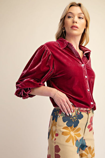 Easel Raspberry Velvet Button Down Top