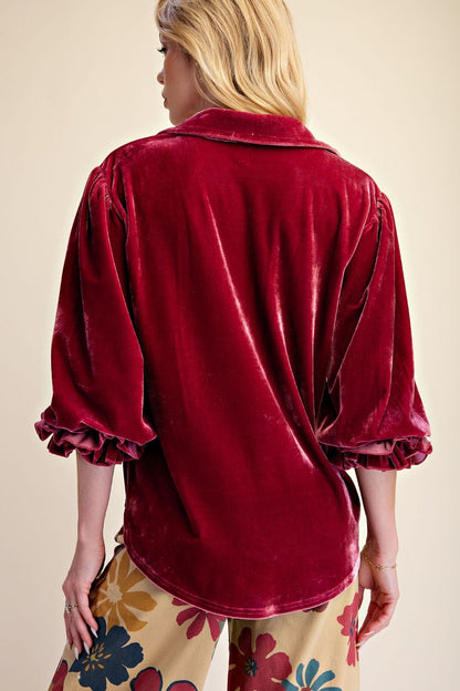 Easel Raspberry Velvet Button Down Top