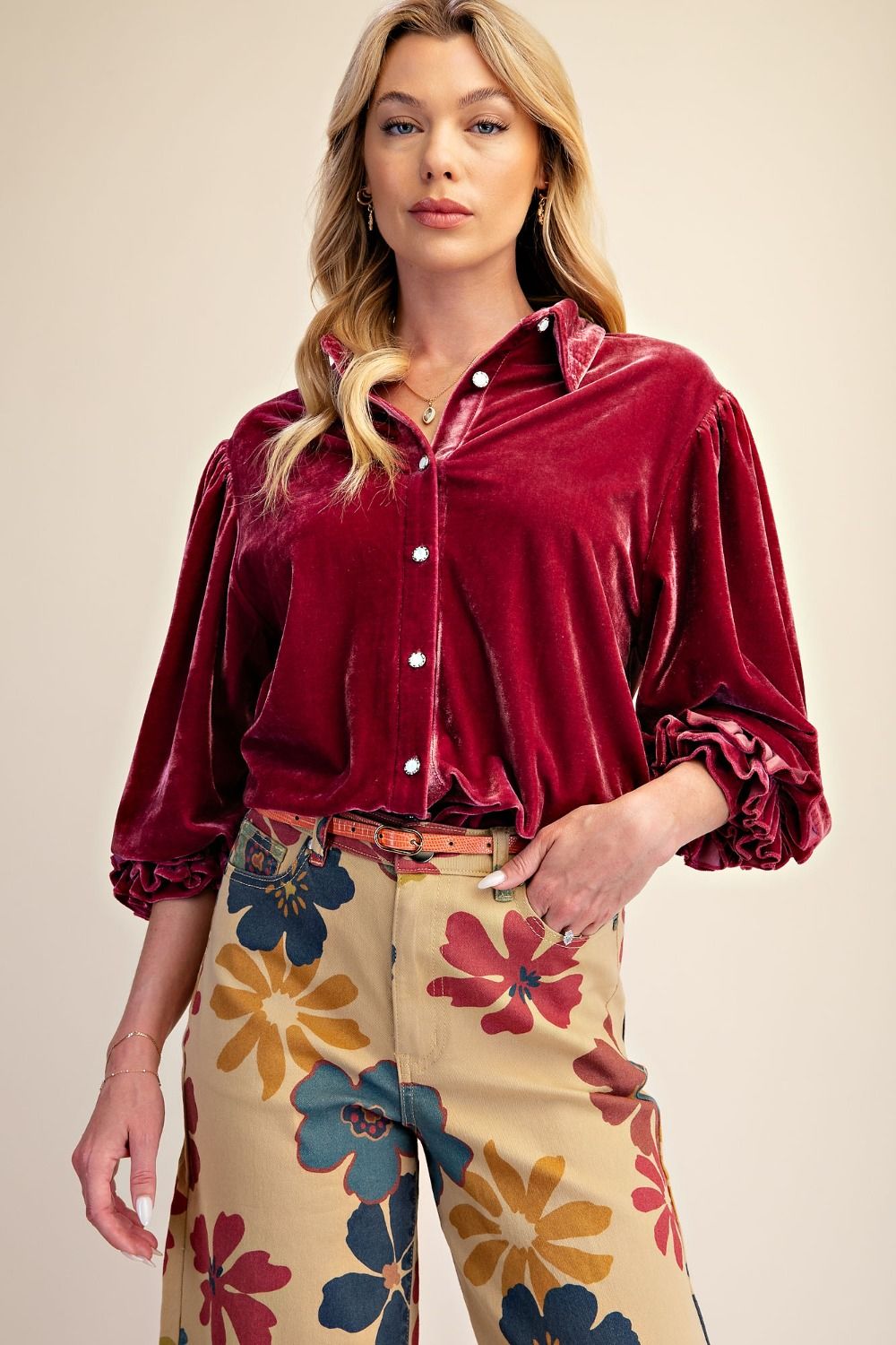 Easel Raspberry Velvet Button Down Top