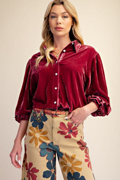 Easel Raspberry Velvet Button Down Top