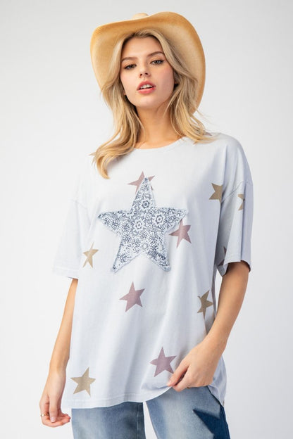 Easel Star Patch and Print Top Cotton Blue