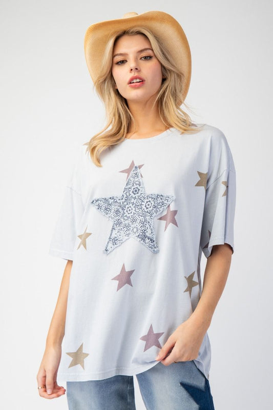 Easel Star Patch and Print Top Cotton Blue