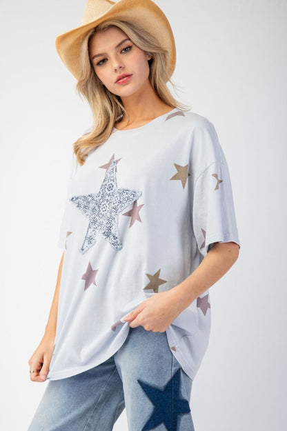 Easel Star Patch and Print Top Cotton Blue