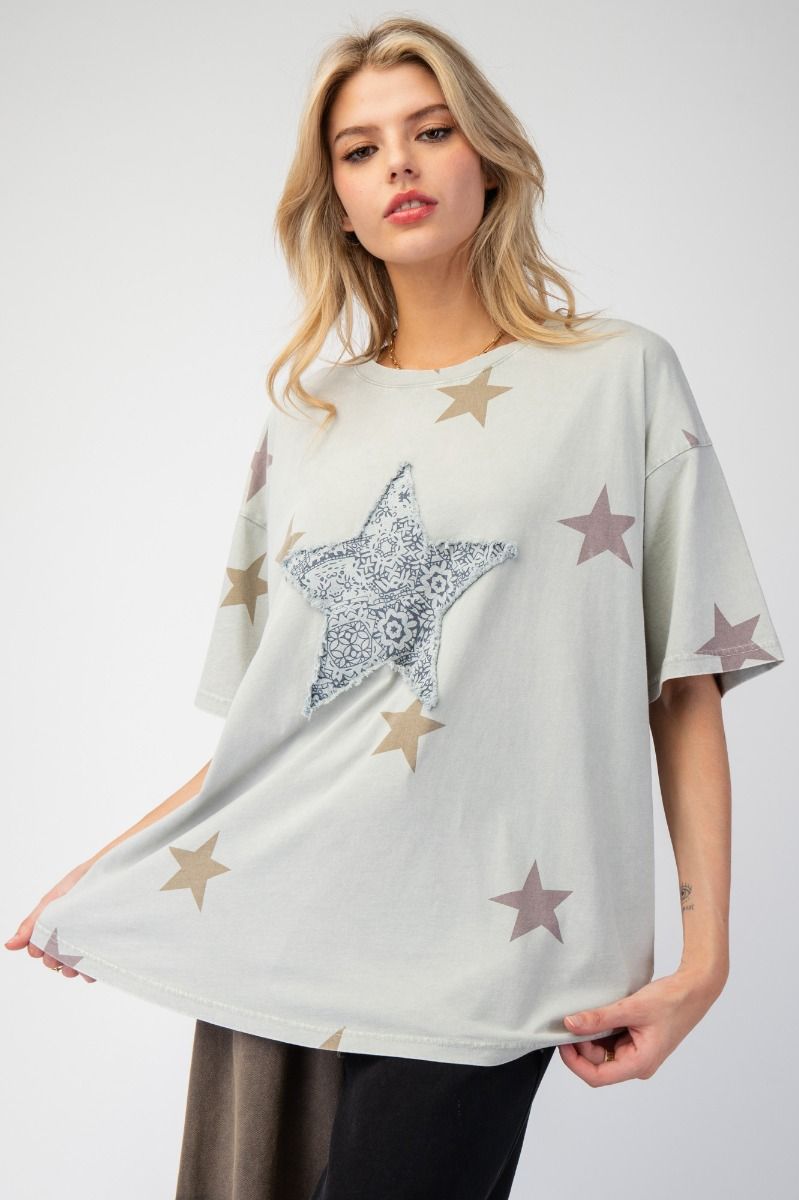 Easel Star Patch and Print Top Pale Sage