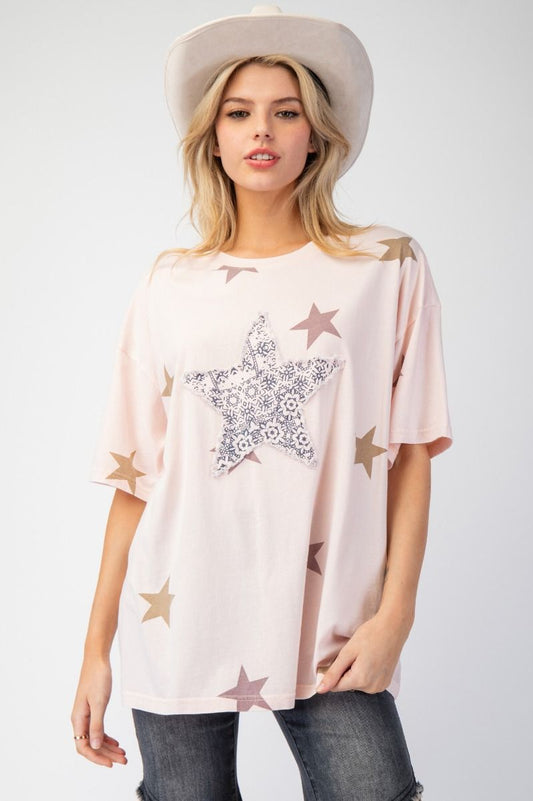 Easel Star Patch and Print Top Peach Blush