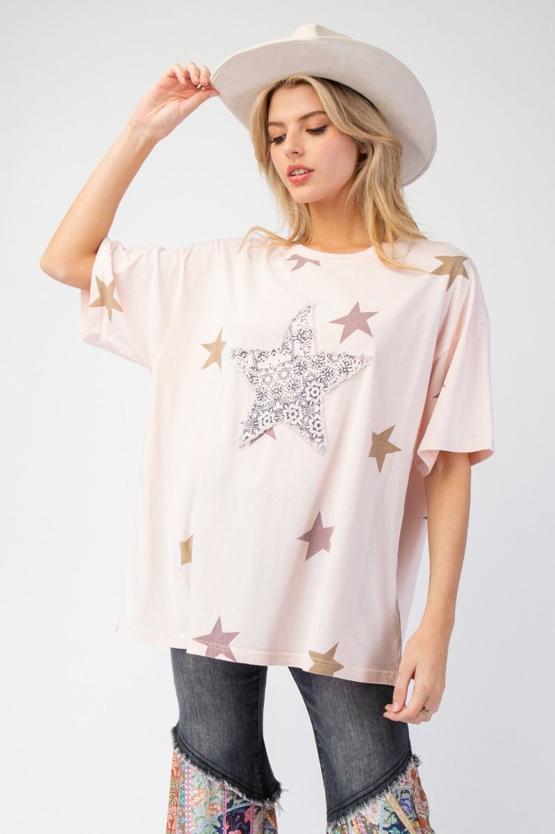 Easel Star Patch and Print Top Peach Blush