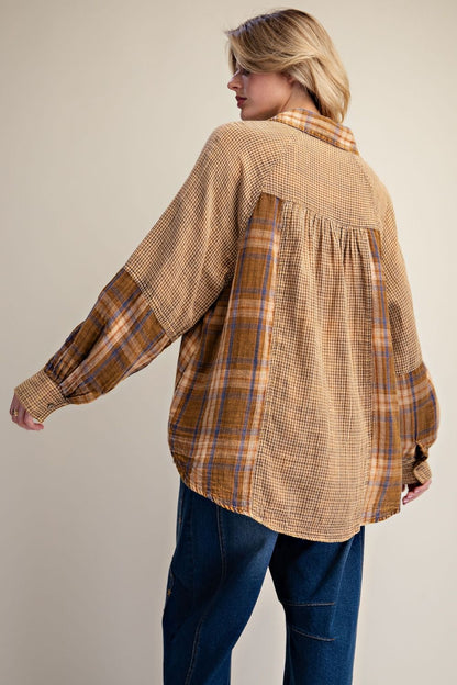 Easel Brown Plaid Stripe Cotton Gauze Top
