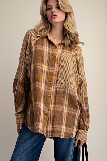 Easel Brown Plaid Stripe Cotton Gauze Top