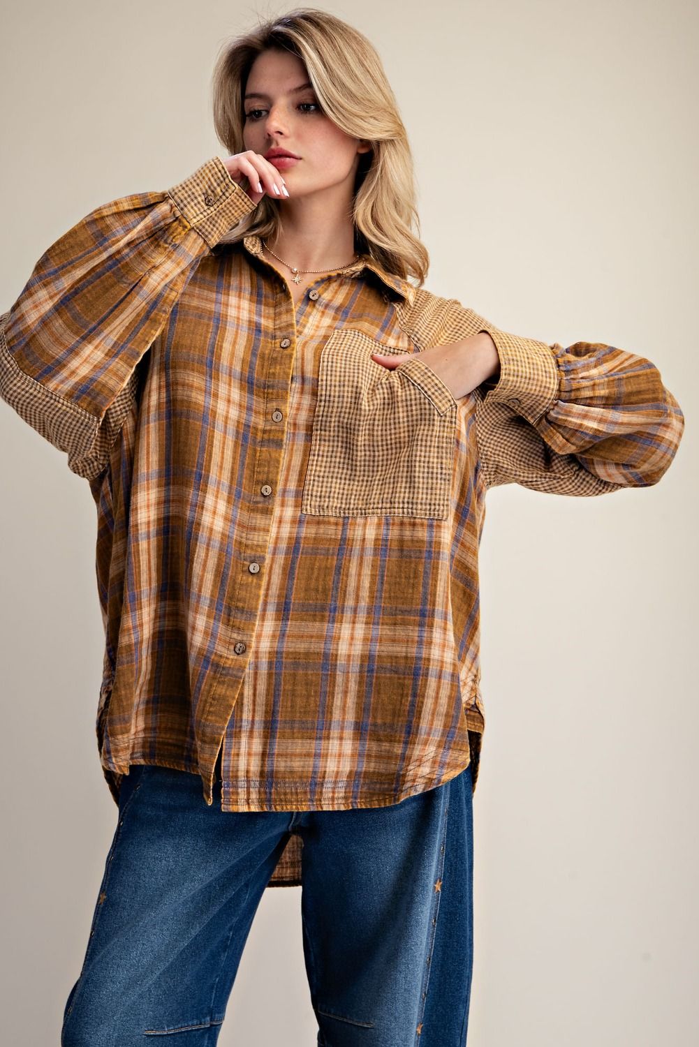 Easel Brown Plaid Stripe Cotton Gauze Top