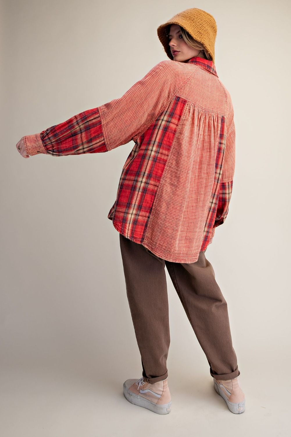Easel Red Plaid Stripe Cotton Gauze Top