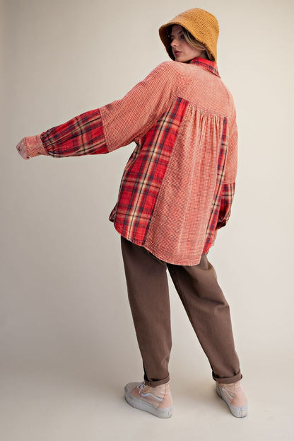 Easel Red Plaid Stripe Cotton Gauze Top