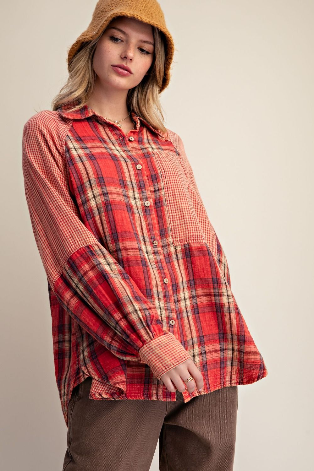 Easel Red Plaid Stripe Cotton Gauze Top
