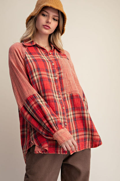 Easel Red Plaid Stripe Cotton Gauze Top