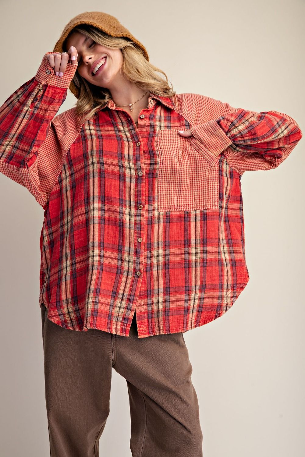 Easel Red Plaid Stripe Cotton Gauze Top
