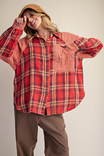 Easel Red Plaid Stripe Cotton Gauze Top
