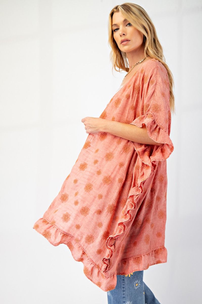 Easel Embroidery Gauze Mineral Washed Kimono Indian Red