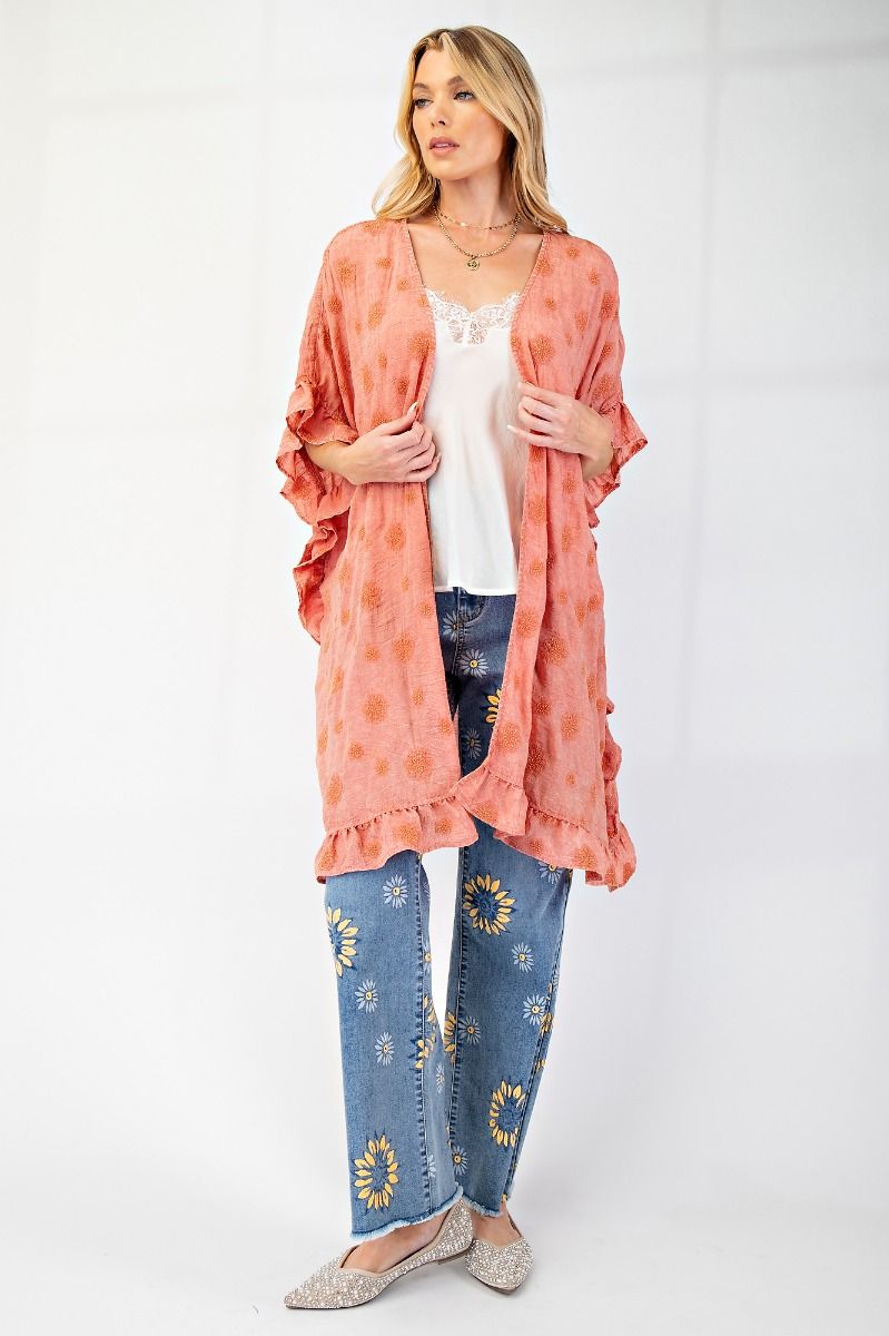 Easel Embroidery Gauze Mineral Washed Kimono Indian Red