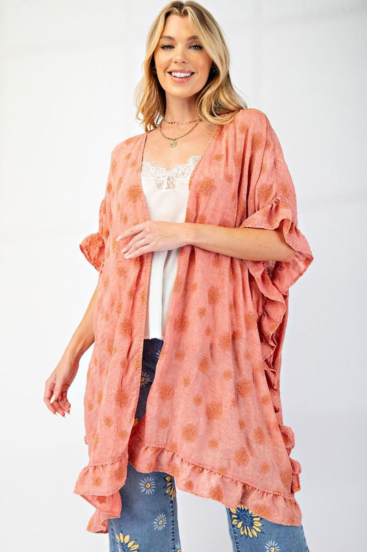 Easel Embroidery Gauze Mineral Washed Kimono Indian Red