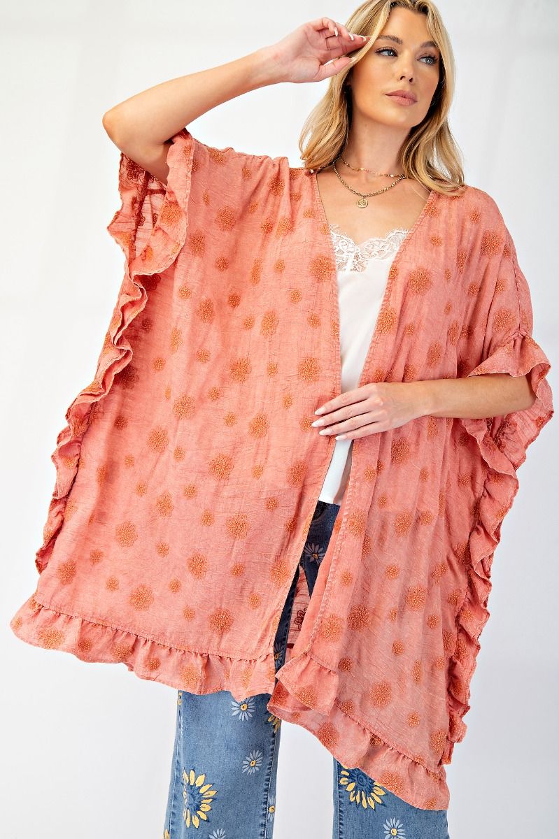Easel Embroidery Gauze Mineral Washed Kimono Indian Red