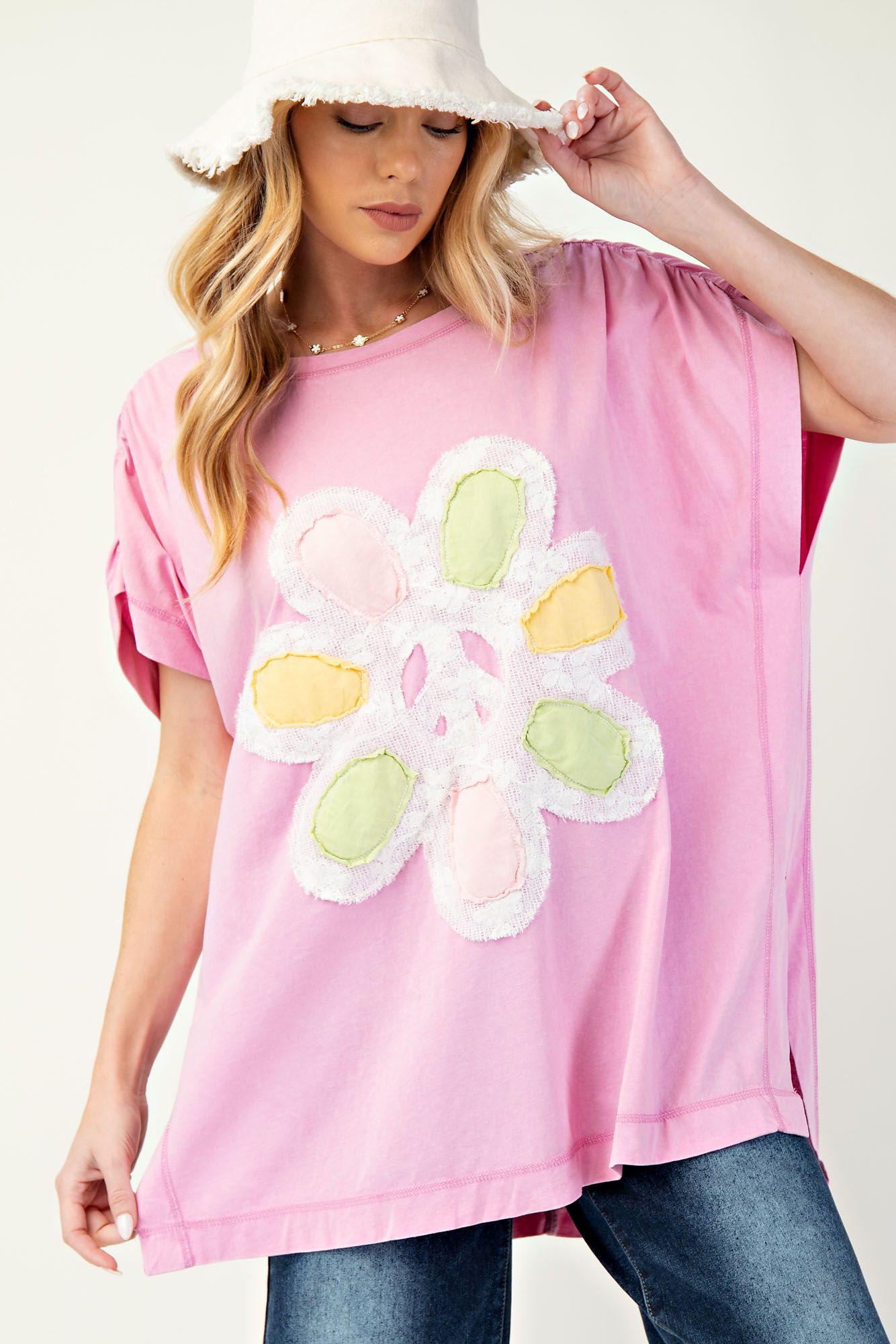 Easel Flower Peace Patch Knit Top Malibu Pink