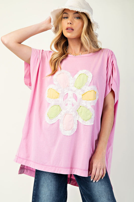 Easel Flower Peace Patch Knit Top Malibu Pink