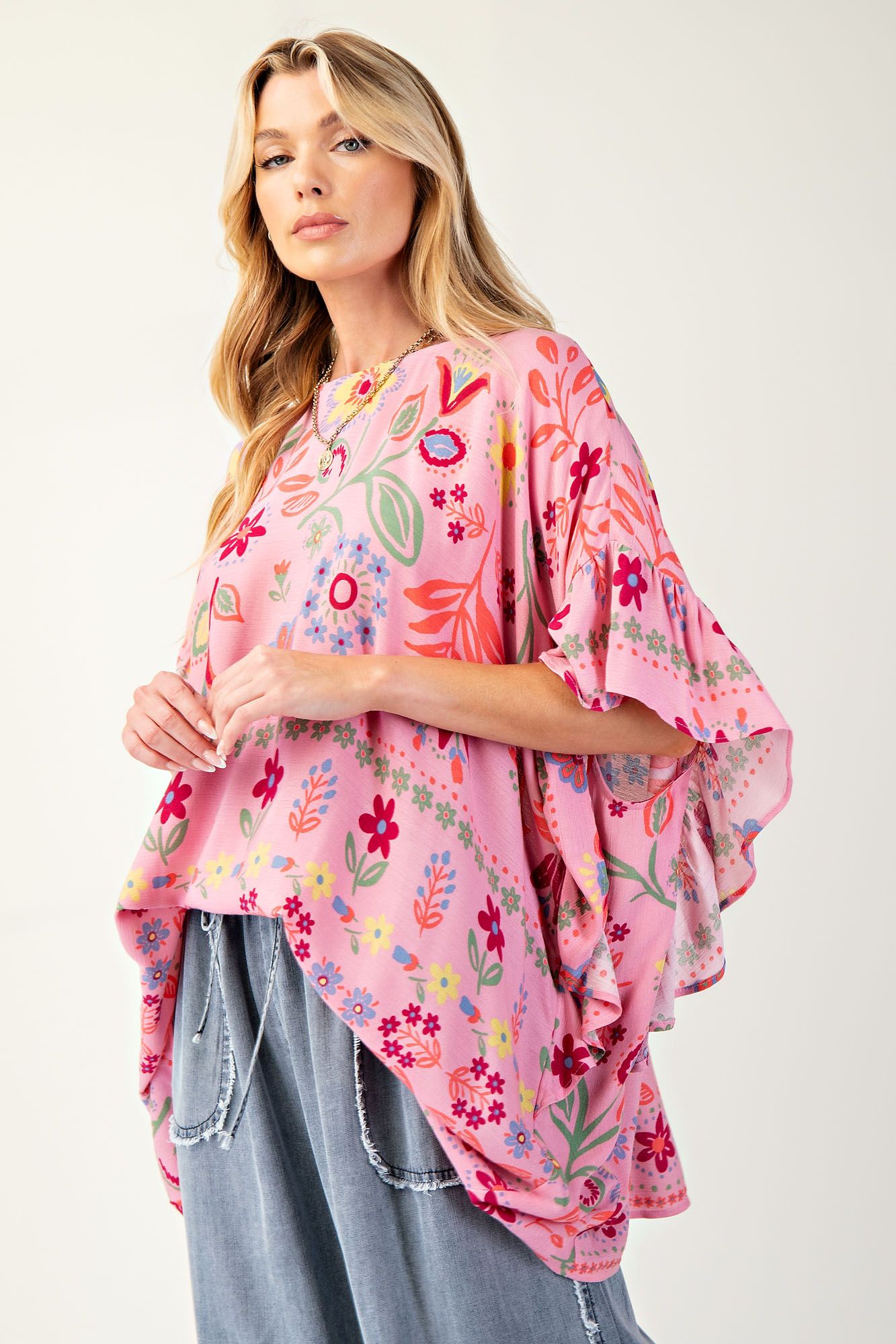 Easel Printed Rayon Gauze Boxy Woven Top Calypso Pink