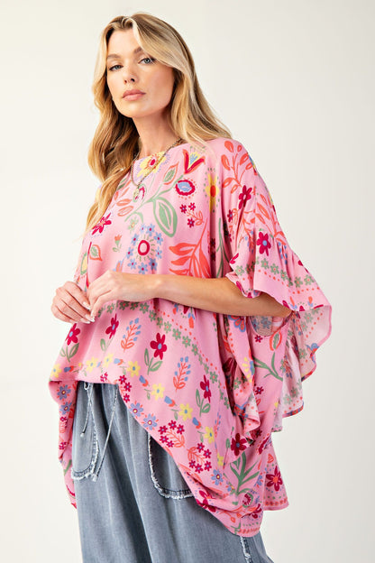 Easel Printed Rayon Gauze Boxy Woven Top Calypso Pink