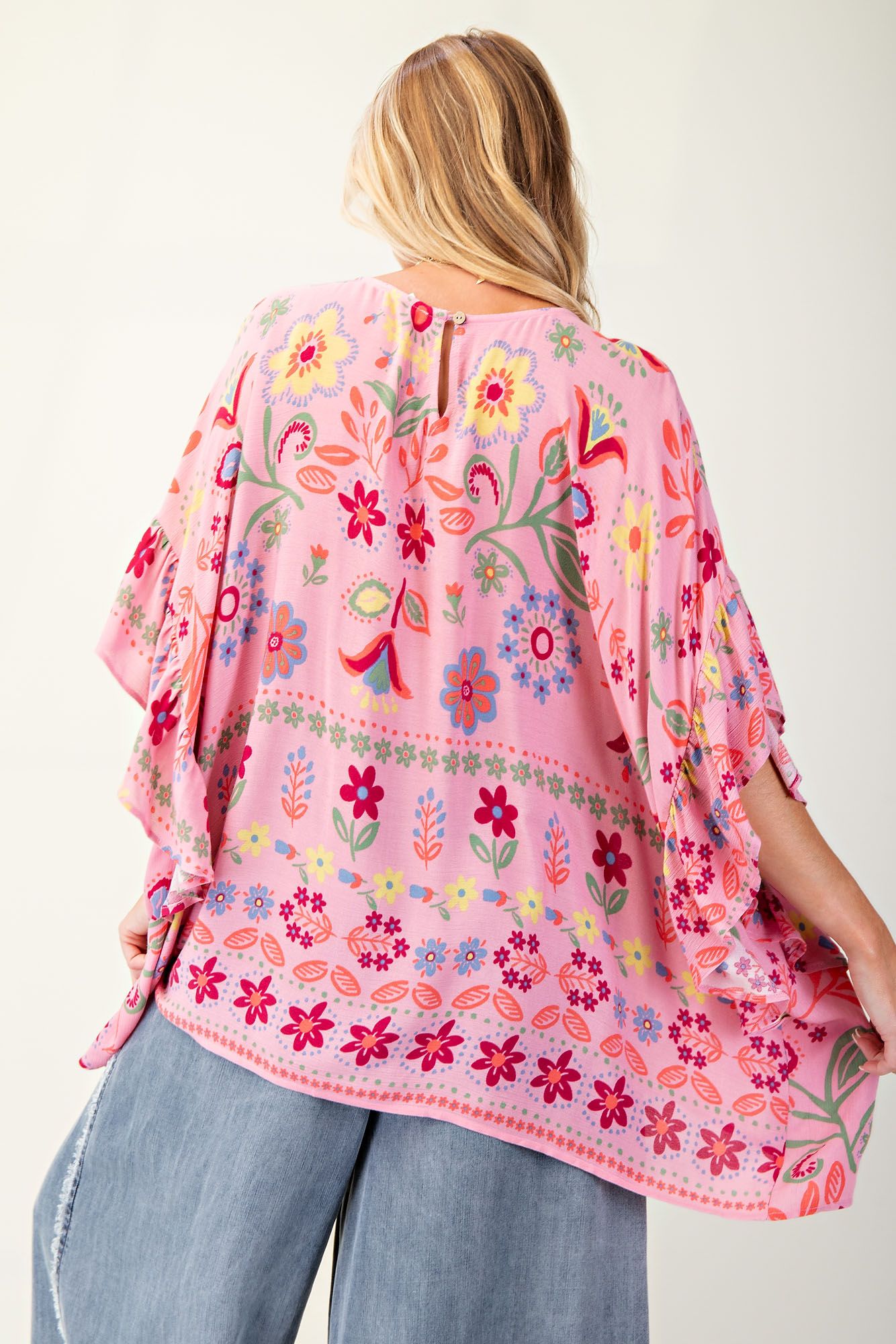 Easel Printed Rayon Gauze Boxy Woven Top Calypso Pink
