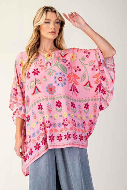 Easel Printed Rayon Gauze Boxy Woven Top Calypso Pink