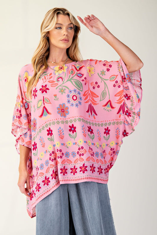 Easel Printed Rayon Gauze Boxy Woven Top Calypso Pink