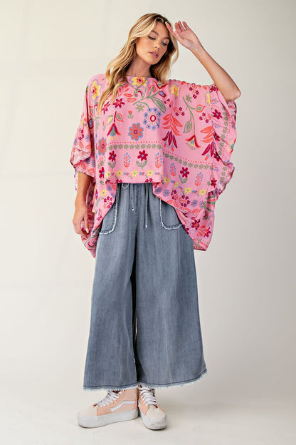 Easel Printed Rayon Gauze Boxy Woven Top Calypso Pink