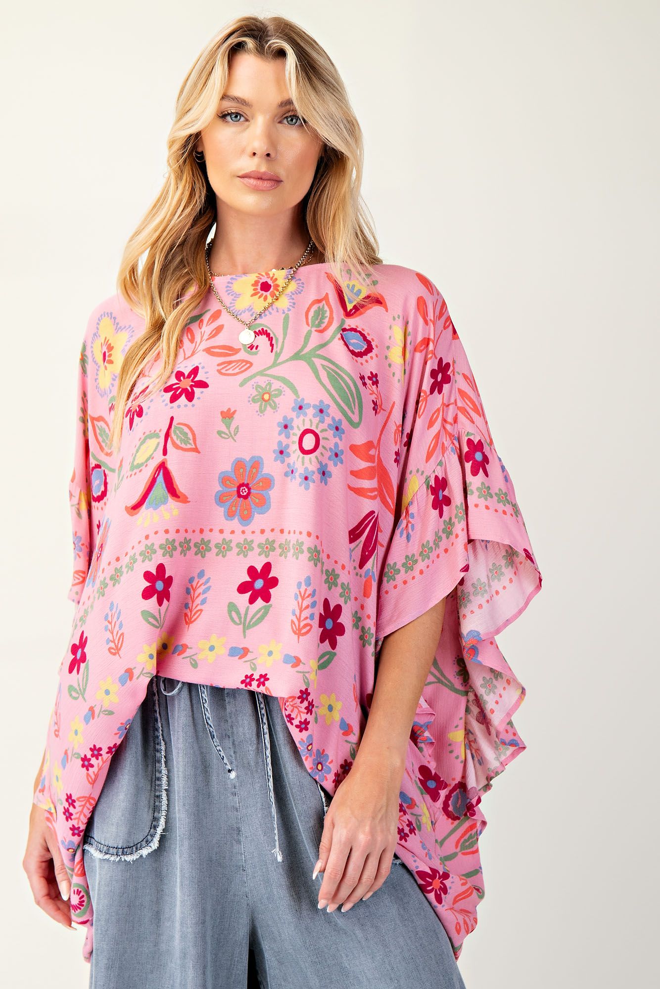 Easel Printed Rayon Gauze Boxy Woven Top Calypso Pink