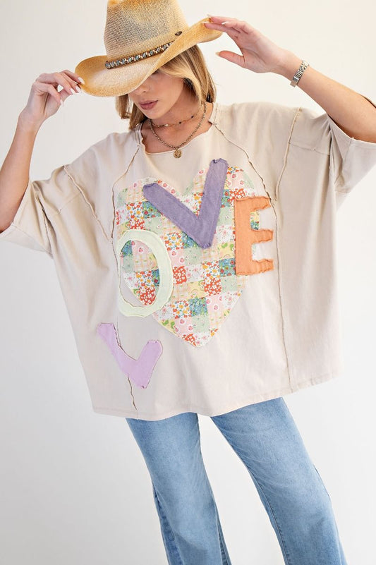 Easel Lt Khaki Love Patch Boxy Top