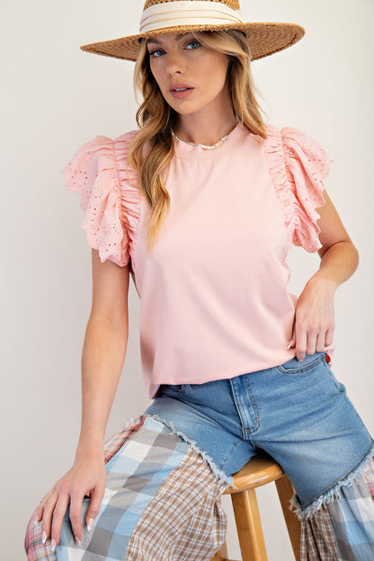 Easel Blush Eyelet Lace Top