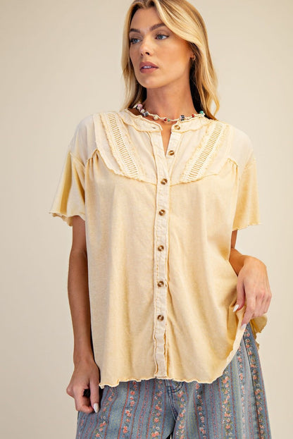 Easel Straw Button Down Cotton Top