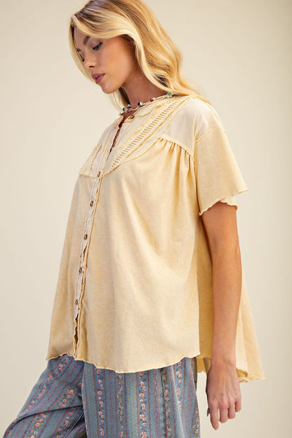 Easel Straw Button Down Cotton Top