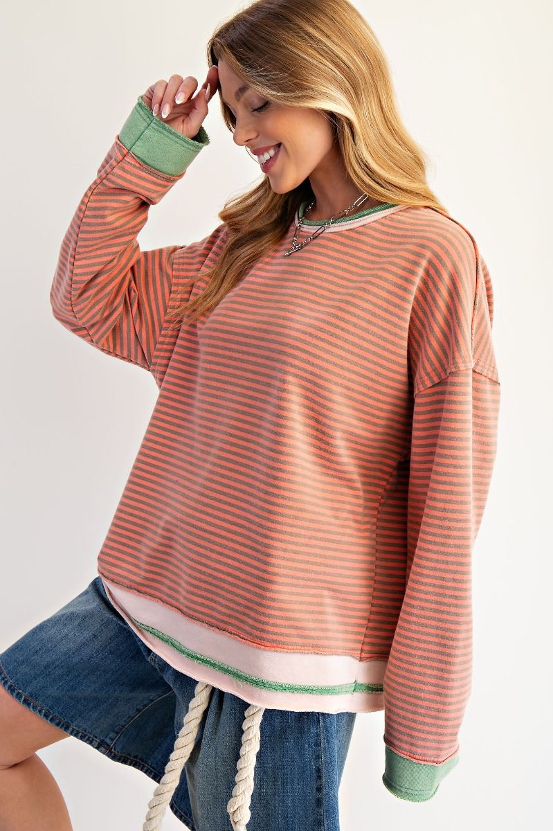 Easel Striped Washed Terry Pullover Coral Grey