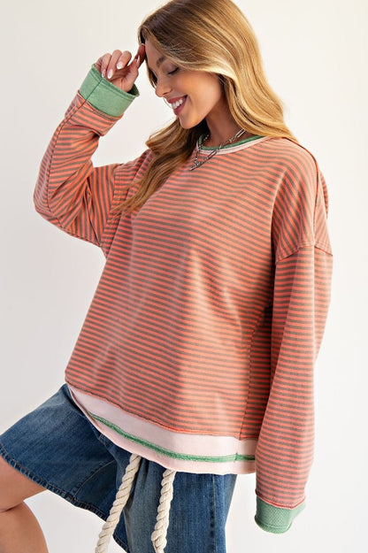 Easel Striped Washed Terry Pullover Coral Grey