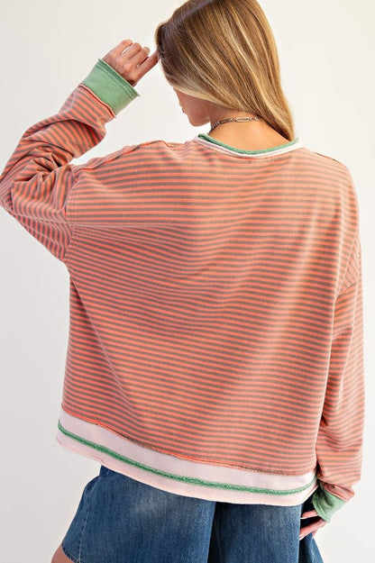 Easel Striped Washed Terry Pullover Coral Grey