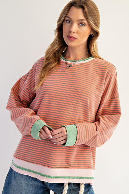 Easel Striped Washed Terry Pullover Coral Grey