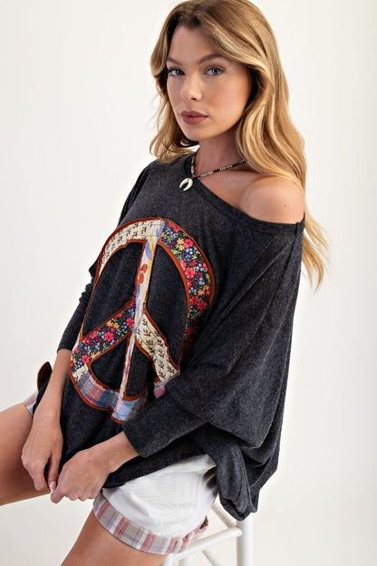 Easel Peace Patch Long Sleeve Top Black