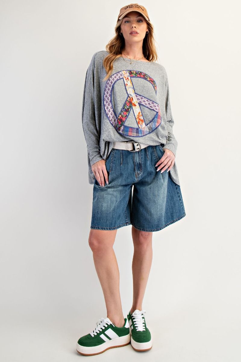 Easel Peace Patch Long Sleeve Top Heather Grey